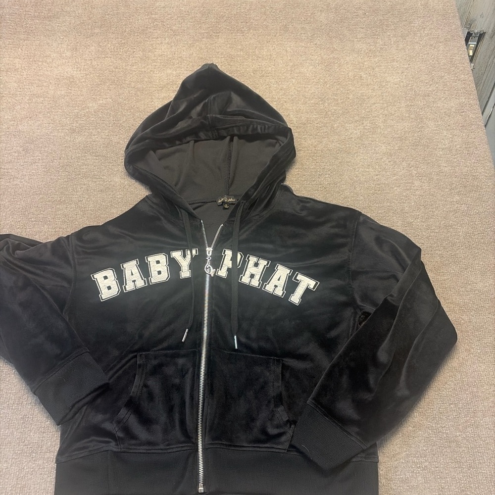 Baby Phat Black Velour Zip Hoodie Cat Logo Y2K XL 0640